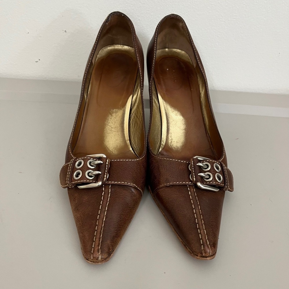 VTG Prada Brown Leather Pointed Toe Heels Buckle 38 Y2K Designer Quiet Luxury - Picture 1 of 9